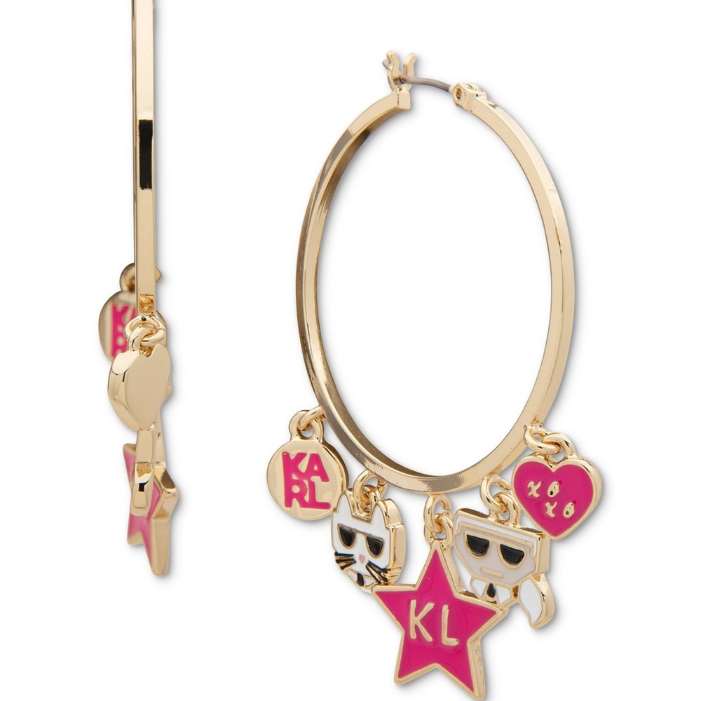 Karl Lagerfeld Gold Hoop Earrings with Hot Pink Star & Charms - Picture 3 of 3